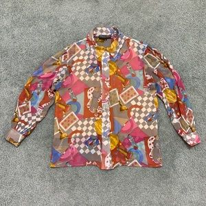 Vintage 90s sheer 100% silk blouse poker chess art print Sandra Roth Ciaosport